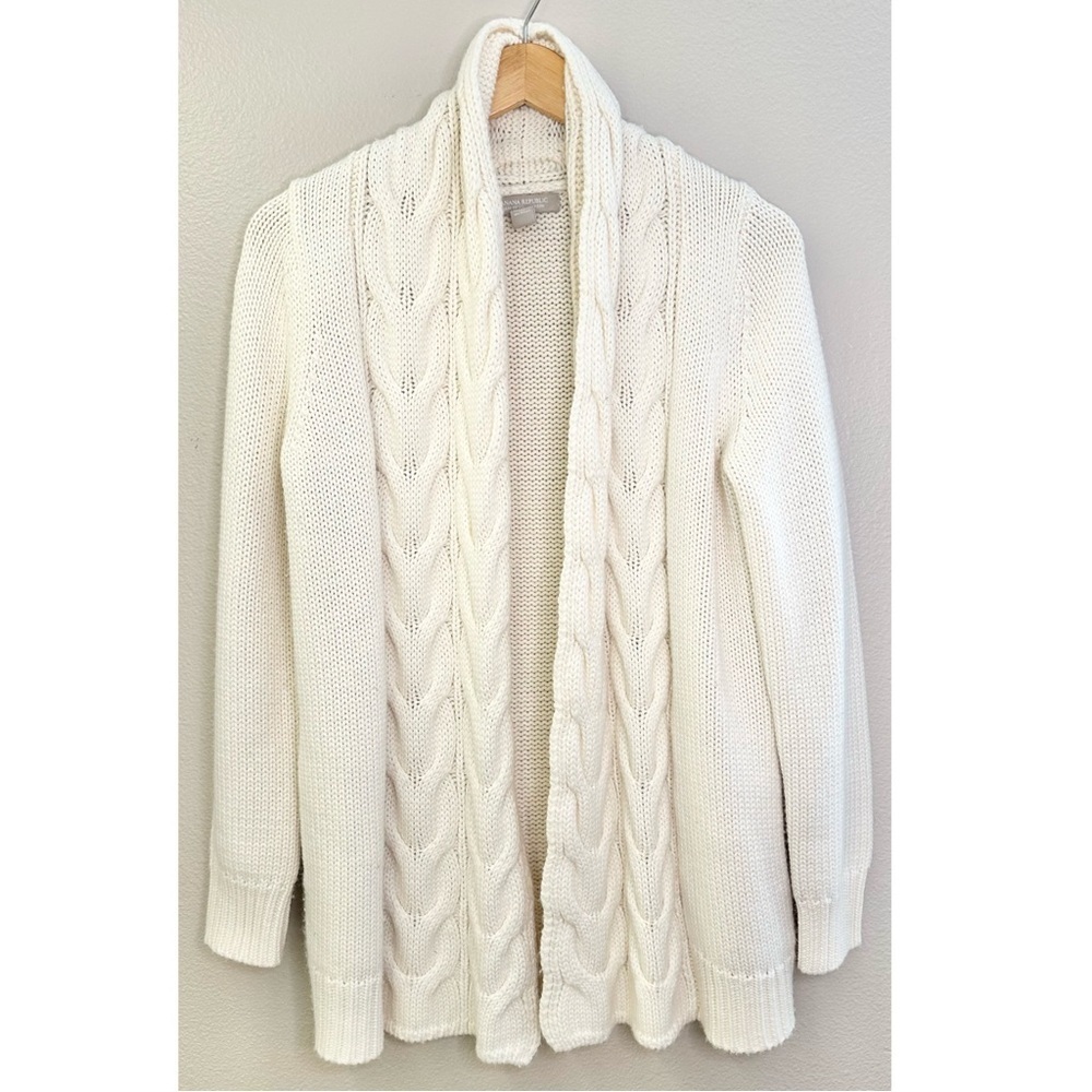 Banana Republic Cream Cable Knit Open Front Wool Blend Italian Yarn Cardigan